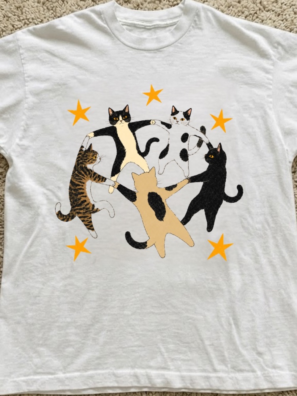Cats Circle Dance Holding Paws Stars Vintage White T-Shirt